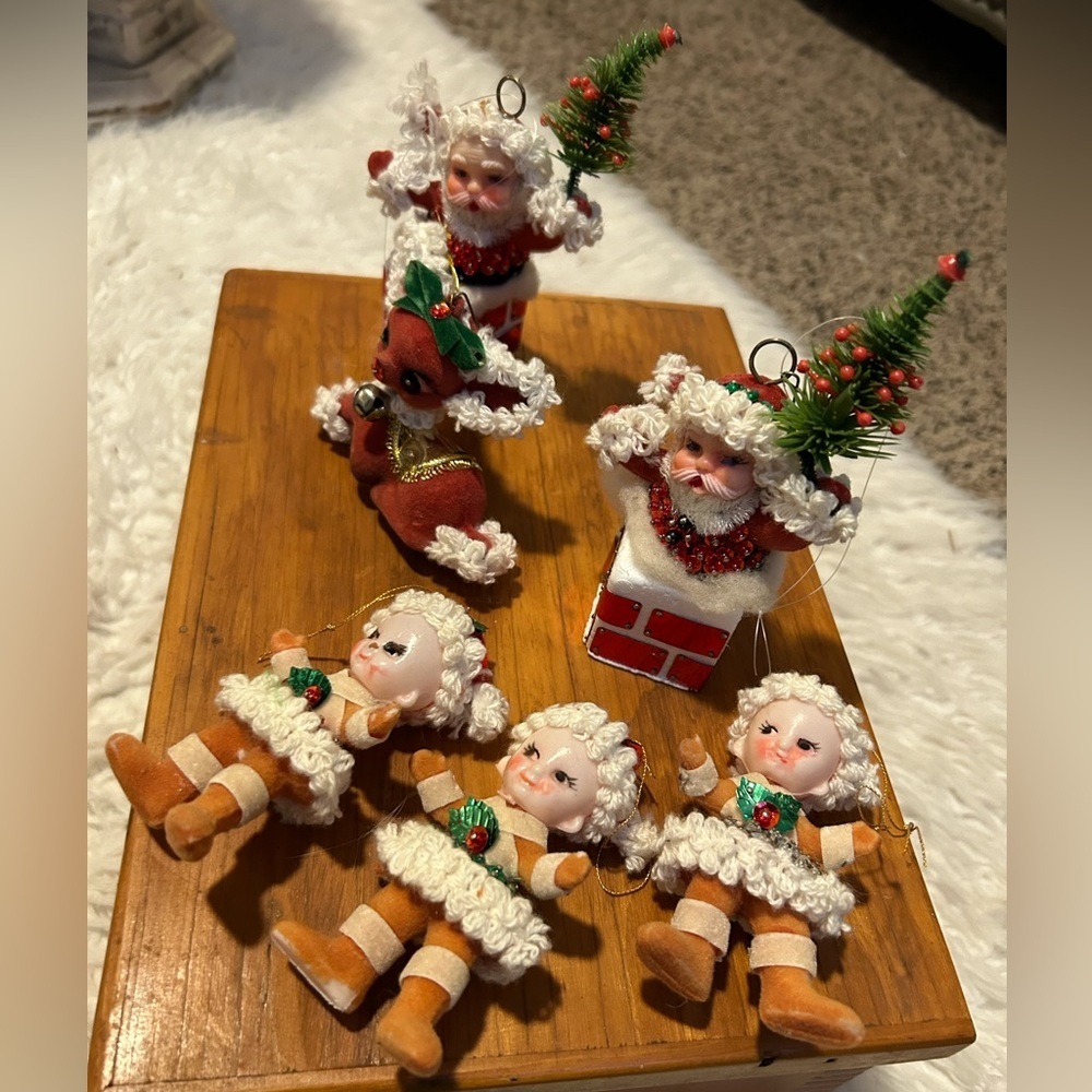 50%offw❤️ Vintage 6 Flocked Santa deer kids Christmas Tree orn Mid Century